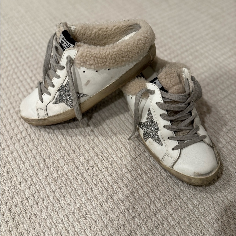 Golden Goose White Glitter Shearling Slides Sz 38